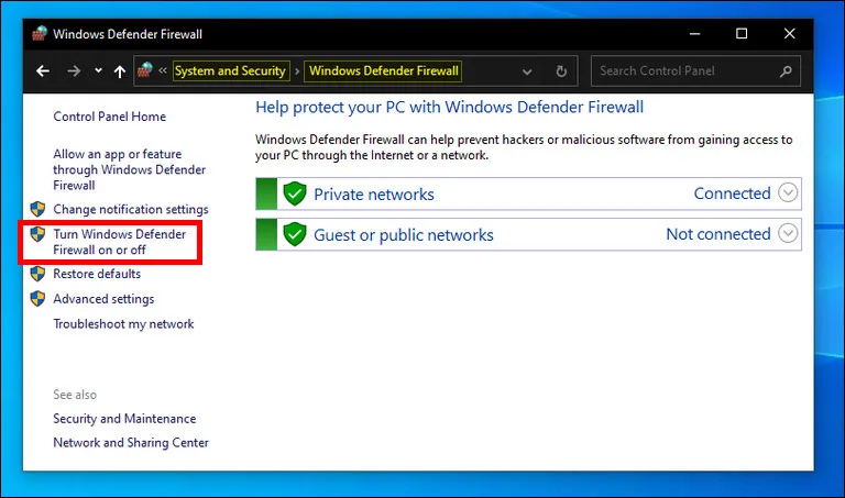 Turn Windows Defender Firewall On or Off
